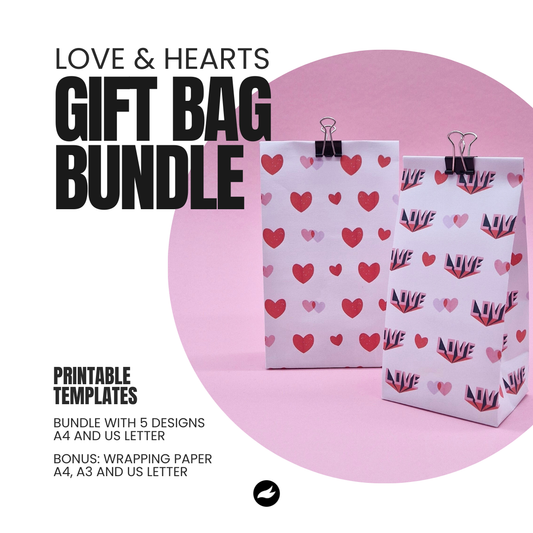 Love & Hearts Pattern DIY Gift Bag Template in 5 sizes - Printable PDF Bundle incl. Bonus Wrapping Paper